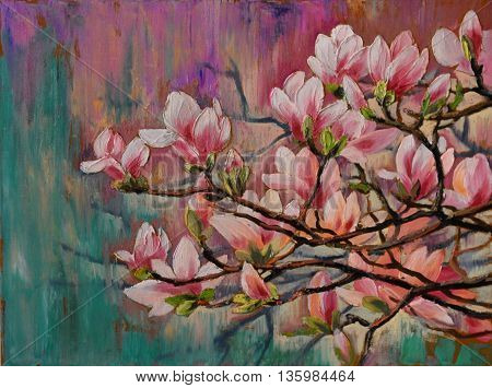 oil painting - sakura branch on abstract background art drawing blossom Japanese cherry tree wallpaper; decoration