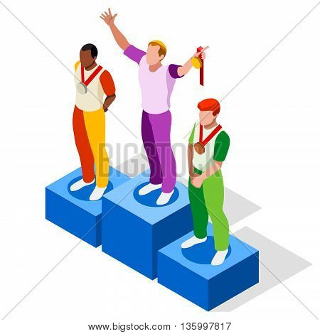 Olympics Winner Podium Sports Icon Set.Speed Concept.3D Isometric Athlete.Sporting Competition.Olympics Sport Infographic Winner Podium Vector Illustration.