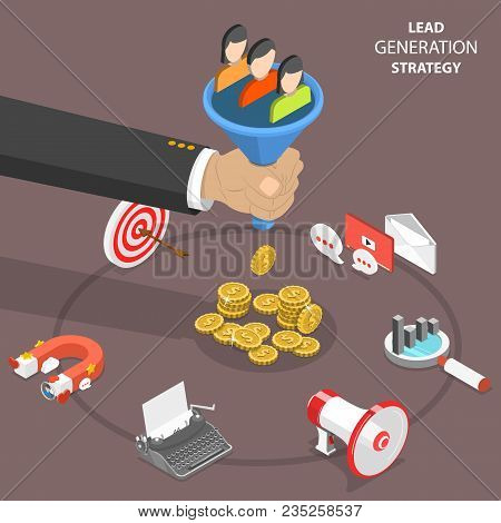 Lead Generation Strategy Flat Isometric Vector Concept. Marketing Process Of Conversion Rate Optimiz