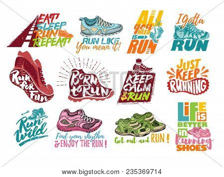 Run Lettering On Running Shoes Vector Sneakers Or Trainers With Text Signs For Typography Illustrati