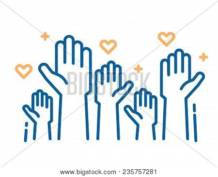 Volunteers And Charity Work. Raised Helping Hands. Vector Thin Line Icon Illustrations With A Crowd 