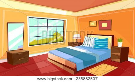 Vector Cartoon Bedroom Interior Background Template. Cozy Modern House Room In Morning Light. Illust