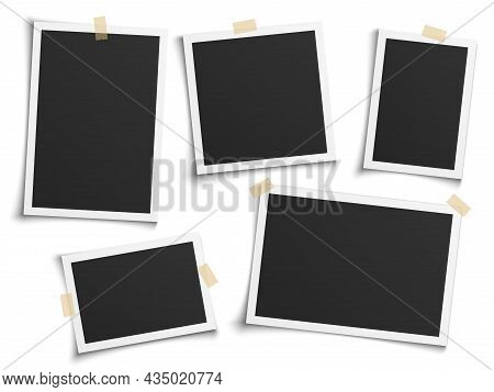 Photo Frames Realistic. Empty White Photos Frame Vintage With Adhesive Tapes. Images Different Forms