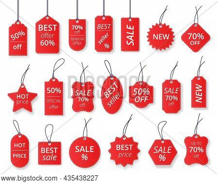 Realistic Red Sale Labels, Discount Price Tags Mockups. Paper Gift Label With Rope, Promotional Sale