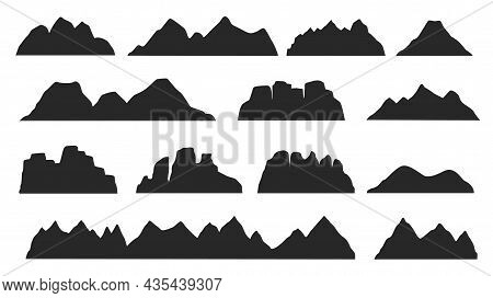 Black Mountain Ridge Landscape Silhouette, Rocky Terrain Elements. Mountains Peaks, Hills, Icebergs 