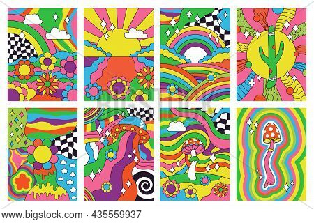 Groovy Retro Vibes, 70s Hippie Style Psychedelic Art Posters. Abstract Psychedelic Hippie Rainbow La