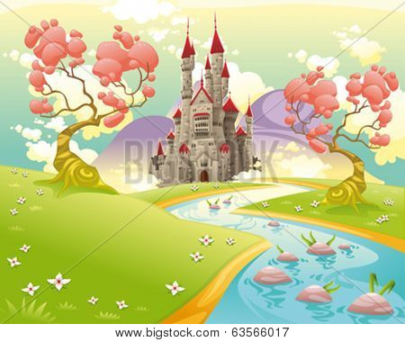 Mythological landscape with medieval castle. Cartoon and vector illustration.