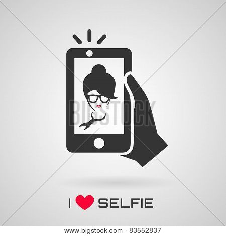 Selfie Icon With Trendy Woman. Vector Symbol.