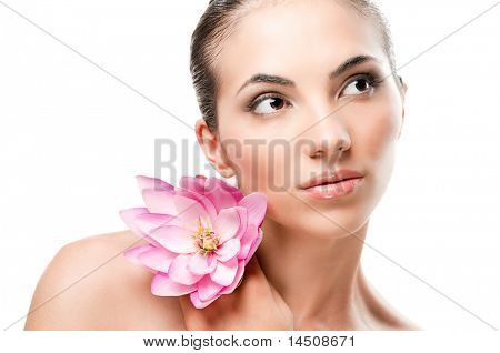 Schöne junge Dame mit Lotusblüte, isolated on white Background, professionelle Beauty nachschlagen 