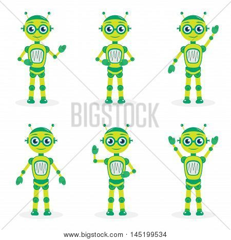 Cartoon mascot robot robot character. Robot in different poses. Robot mascot logo. Vector illustration