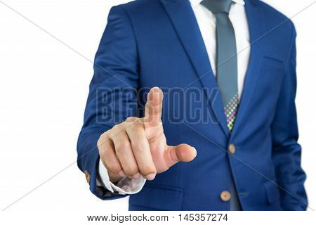 businessman pointing index finger action of touch screen. Business man on isolate white background. Man in blue suit touches index finger on screen.