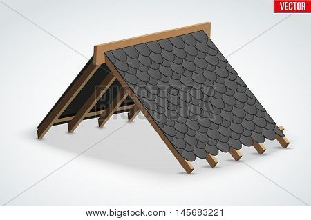 Icon of Roof with Icon of Roof with black shingles bitumen roofing cover. Industrial building design. Vector Illustration isolated on white background.