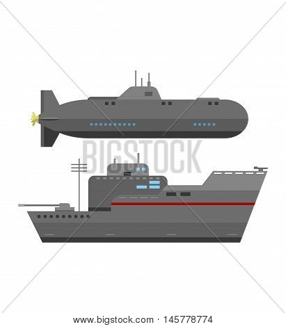 Grey modern warship sailing still water vector. Military ship navy war sea warship and military ship boat vessel weapon. Military ship transportation naval water battle destroyer marine forces.