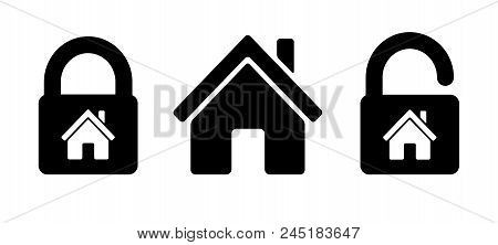 Lock House Icon Residential House, Home With Lock Icon. Simple Abstract Home Protection Icons In Bla