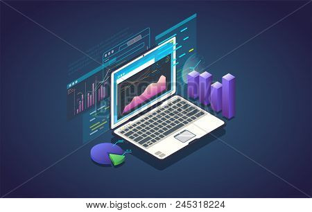 Finance Analysis Computer Application. Isometric Laptop With Chart And Financial Growth Graph. Big D