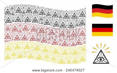 Waving Germany State Flag. Vector Total Control Eye Pyramid Elements Are Placed Into Conceptual Germ