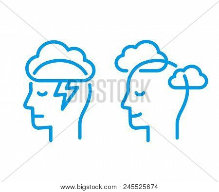 Head Profile With Storm Cloud And Clear Sky. Mindfulness And Stress Management In Psychology, Vector