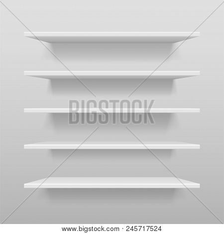 Empty White Shop Or Exhibition Shelf, Retail White Shelves Mockup. Realistic Vector Bookshelf With S