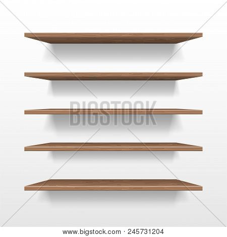 Empty Wooden Shop Or Exhibition Shelf, Retail Shelves Mockup Isolated. Realistic Wooden Bookshelf Wi