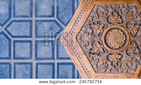 Islamic Art. Wooden Stool With Middle Eastern Islamic Uzbek Ornament. Handmade Wooden Chair Made By 