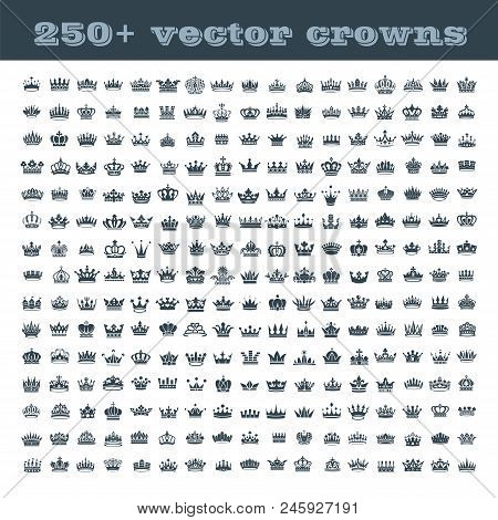 Vector Collection Of Creative King And Queen Crowns Symbols Or Logo Elements. Set Of Geometric Vinta