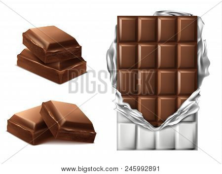 Vector 3d Realistic Chocolate Pieces. Brown Delicious Bar In Torn Foil Packaging And Chocolate Slice