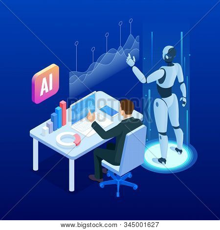 Isometric Man And Woman With Robot Artificial Intelligence Working , Robot Working With Virtual Disp