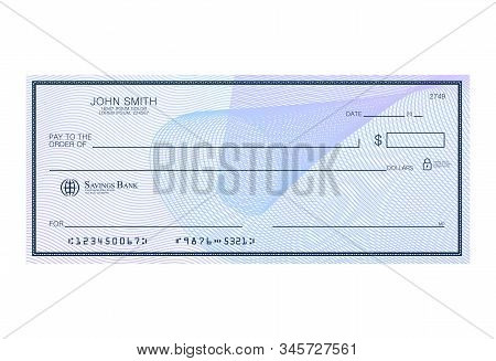 Blank Bank Cheque With Abstract Watermark. Personal Desk Check Template With Empty Field To Fill. Ba