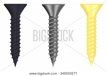 Set Of Screws. Black Metal, Iron And Zinc Screws. Vector 3d Illustration Isolated On White Backgroun