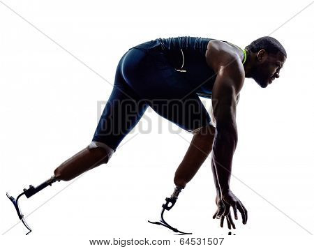 one muscular ped man runners sprinters  with legs prosthesis in silhouettes on white background