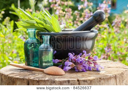 Black Mortar With Sage Herbs, Glass Bottles Of Essential Oil Outdoors. Herbal Medicine.