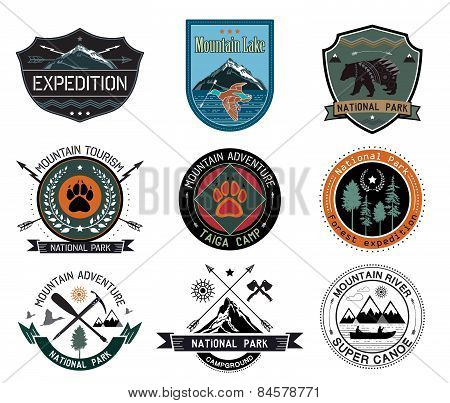 Set of vintage camping and outdoor activity logo. National parks and tourism symbol.