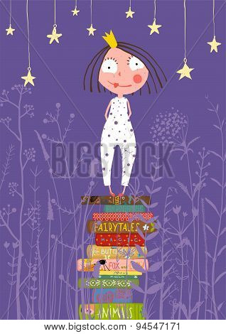 Cute Little Princess Girl Standing on Stack of Books in Pajamas