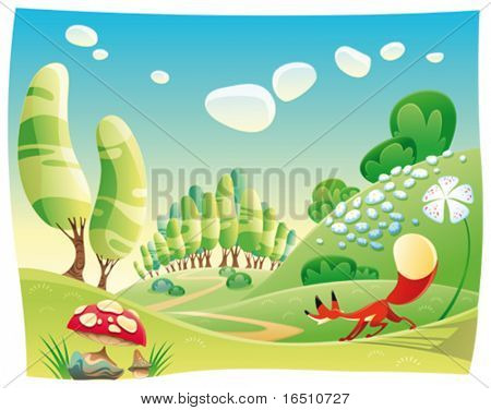 Fox in the wood. Funny cartoon and vector scene.