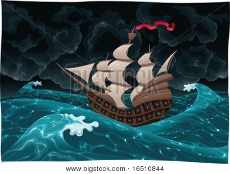 Galion en mer avec la tempête. Illustration de dessin animé et de vecteur, objets isolés