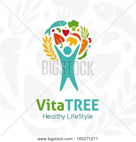 Healthy lifestyle logo. Human with raw food. Vector icon template for vegan restaurant diet menu natural products fitness club family farm. Light background