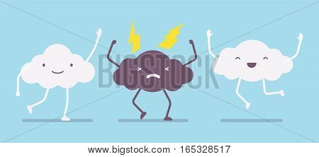 White fluffy cute happy clouds legs, arms jumping with joy and angry lightning storm cloud, weather is changing, good forecast, promising clear day, emotions and feelings, anger managment, bad temper