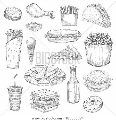 Fast Food sketch icons. Vector isolated hamburger sandwich, chicken leg and french fries, tacos, burrito or kebab. Junk food hot dog and ice cream, pizza and popcorn, nachos chips and ketchup, cheeseburger burger, soda drink bottle and donut