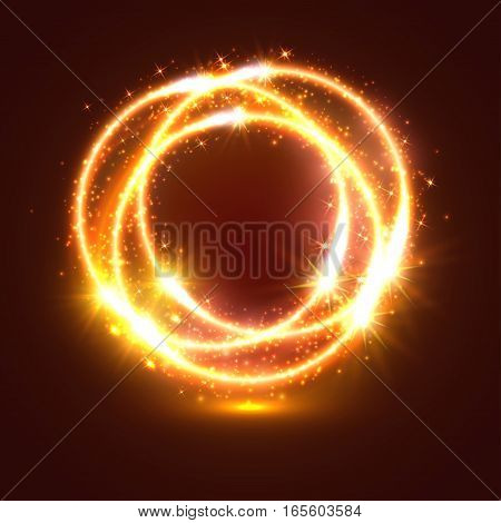 Bursting and sparkling light flashes or sparkler lights traces. Circles of bright burning fire with shiny glitter sparks. Spinning and glittering golden star glow and twirl of sun beams