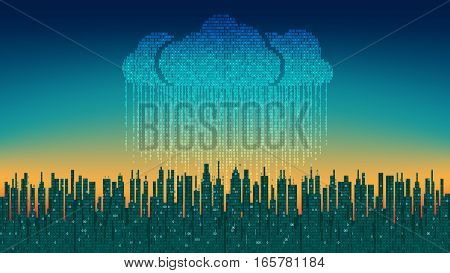 The city online. Abstract futuristic digital city, binary rain, cloud connected, high-tech background. Network digital technology concept cloud service