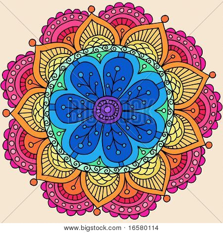 Groovy psykedeelinen Rainbow Henna Mandala kukka Doodle vektori esimerkki