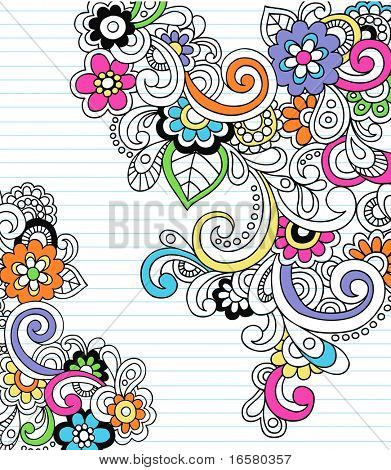 Käsin tehty psykedeelinen Paisley Notebook Doodles vuorattu paperilla tausta - vektori esimerkki