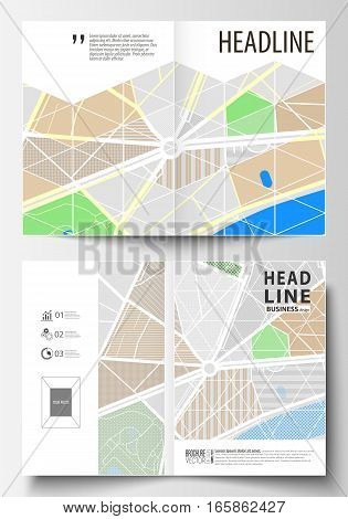 Business templates for bi fold brochure, magazine, flyer, booklet or annual report. Cover design template, easy editable blank, abstract flat layout in A4 size. City map with streets. Flat design template for tourism businesses, abstract vector illustrati