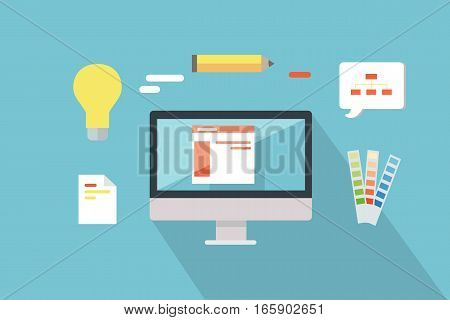 Web design conceptual vector. Flat style. Set of instruments for visual design. Monitor, color guide carts, pencil, bulb illustrations. Creative icons for designing process. Color matching