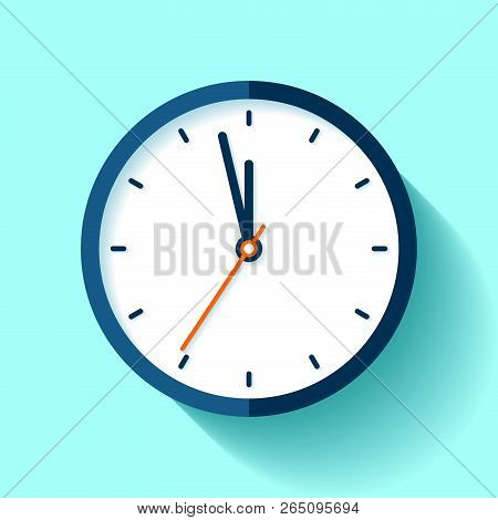 Clock Icon In Flat Style, Round Timer On Blue Background. Five Minutes To Twelve. Simple Watch. Vect