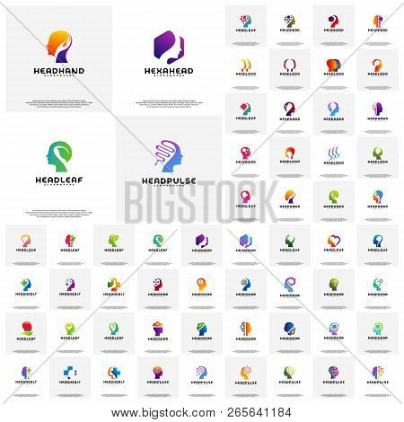 Collection Of Head Intelligence Logo Designs Concept Vector, Head Tech, Colorful Mind, Nature Head, 