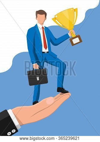 Successful Businessman On Hand Holding Trophy And Briefcase, Celebrates His Victory. Business Succes