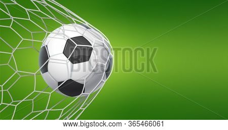 Football Goal Background. Soccer Banner With Ball In Net And Place For Text, Sport Game And Football