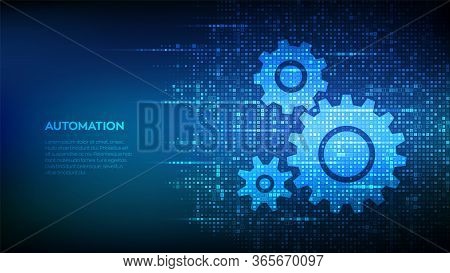 Automation Software Background. Gears Icons Made With Binary Code. Iot And Automation Concept. Digit