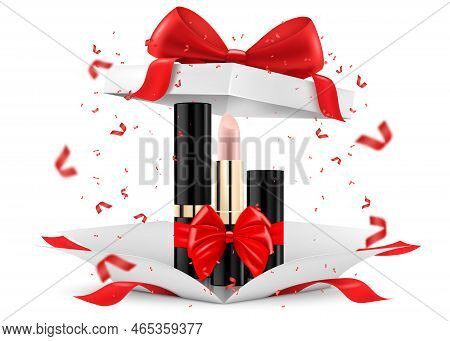 Colored Lipstick Or Lip Gloss Inside Open Gift Box, Isolated On White Background. White Gift Box Wit